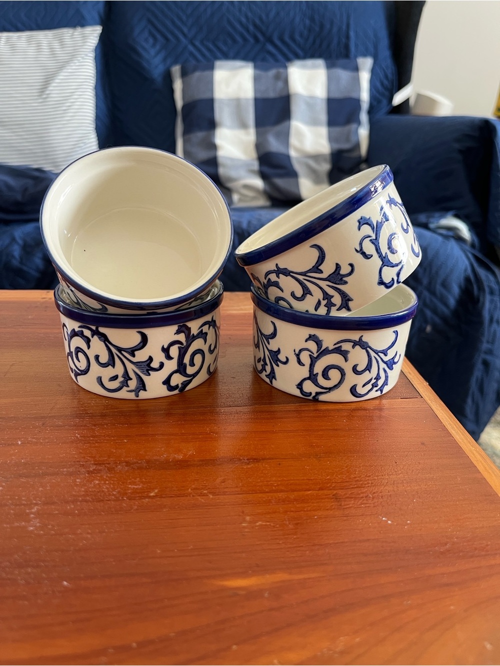 Blue and White Decorative Ceramic Ramekins - Set of 4